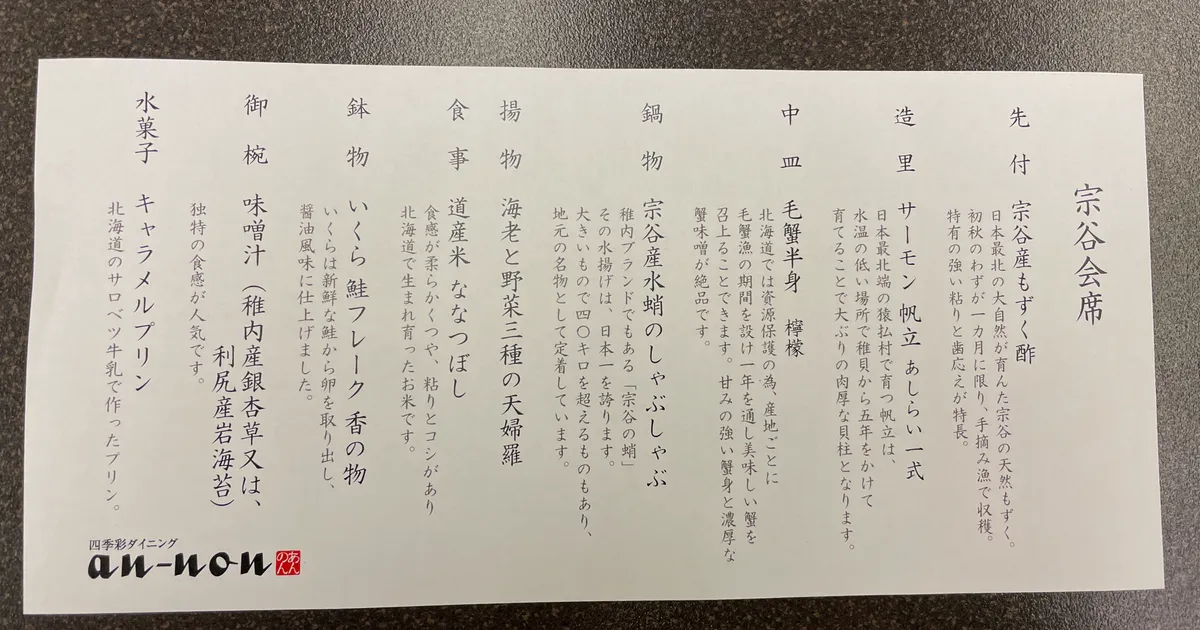 夕食のメニュー表